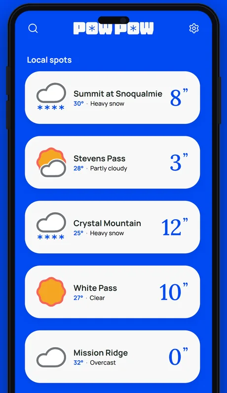 Pow Pow's home screen: local resorts with new snow totals
