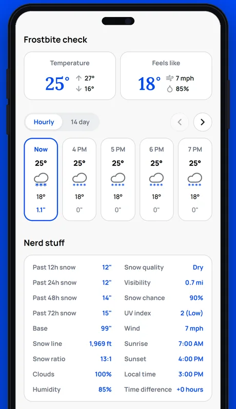 Pow Pow's hourly forecast and full stats table